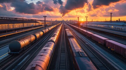 Fototapeta premium Sunset Freight Trains at Railway Station