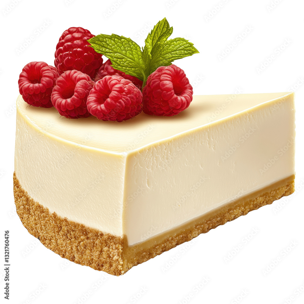 Poster a decadent slice of cheesecake topped with fresh raspberries and a drizzle of sauce perfect for dess