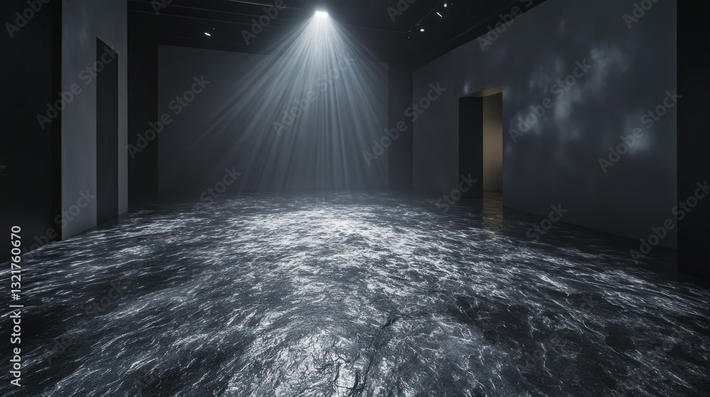 Poster Dark room with light beam projection on textured floor, creating wave illusion.