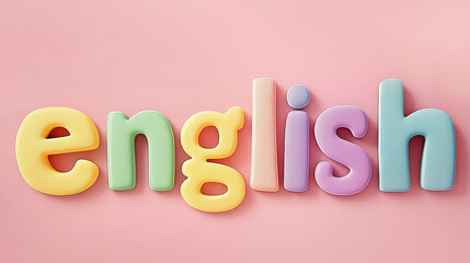 Soft pastel-colored letters spelling "english" on a pink background, conveying a cheerful and inviting educational vibe