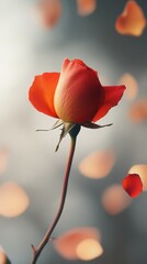 Fototapeta premium Close-up view of a vibrant rose with petals softly falling in a blurred background during daylight