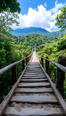 Wooden suspension bridge crossing lush green forest leading to a mountain under a bright blue sky