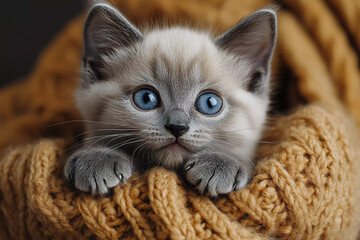 Siamese kitten climbing up a human arm playfully with tiny claws gripping the sleeve, showing curiosity with wide eyes and a cute, playful expression