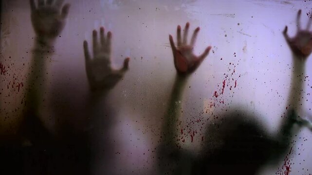 Desperate silhouettes pressing against frosted glass, bloody hands reaching out, trapped behind barrier during apocalyptic nightmare scenario of horror and survival. concept of zombies Apocalypse