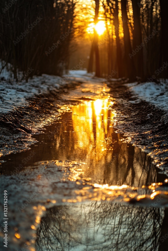 Poster a small pool of water reflecting the vibrant colors of sunset, ideal for use in illustrations and de