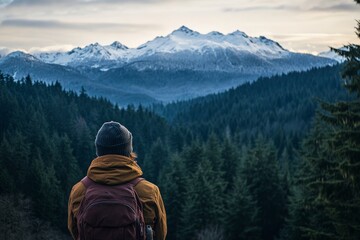 Young adult exploring snow-capped mountains with forest view