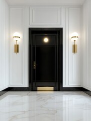 Elegant Hallway Entrance with Black Door and Marble Floor - Sophistication, luxury, modern design, classic elegance