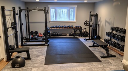 Fototapeta premium Home Gym with Strength Training Equipment and Free Weights Setup