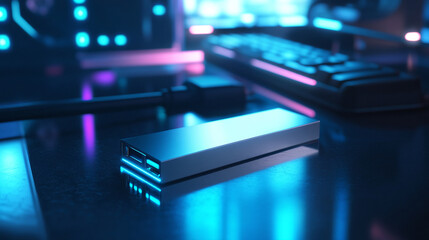 Sleek metallic device on reflective surface, illuminated by vibrant blue and pink lights, showcasing modern technology and clean design, ideal for tech product display