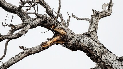 Fototapeta premium Gnarled, weathered tree branch silhouetted against a stark white sky, embodies resilience and the passage of time. Useful for nature, conservation, and climate change concepts.