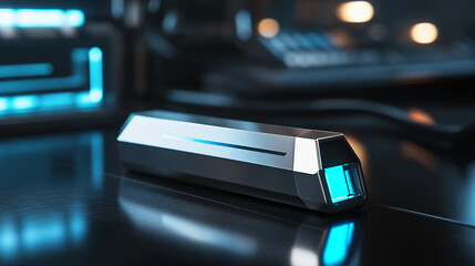 Obraz premium Sleek metallic device with glowing blue element, resting on dark surface, showcasing futuristic technology and innovation, ideal for tech product display