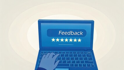 Employee engagement drives satisfaction and performance concept. Feedback interface with a laptop displaying a rating system.