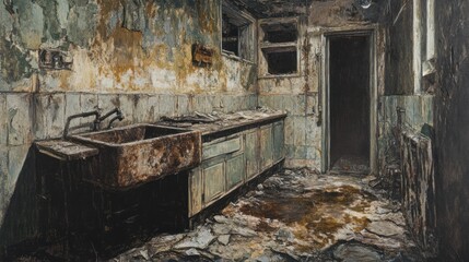 Decaying kitchen, abandoned house, interior ruin, water damage, dark, grunge