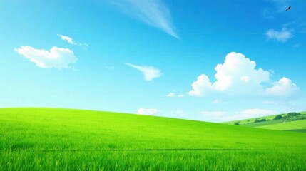 Obraz premium Serene Landscape Featuring Rolling Green Hills Under a Vivid Blue Sky with Puffy Clouds and a Single Bird in Flight