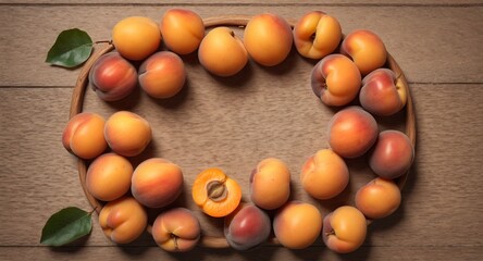 Apricot fruits on wooden rustic table. Top view flat lay