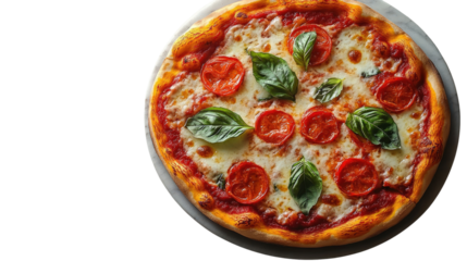 Pizza Perfection: An overhead shot showcases a perfectly baked pizza, adorned with vibrant tomato slices, fresh basil leaves, and melted cheese.