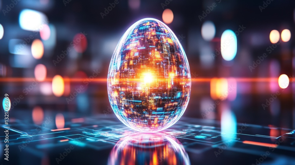 Poster abstract luminous egg structure with vibrant digital patterns in a futuristic setting