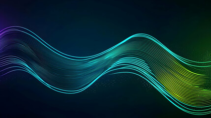 Dynamic Abstract Wave of Colorful Particles Flowing in a Dark Digital Space With a Gradient of Blue Green and Purple