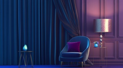 Purple and Blue Velvet Living Room Design with Modern Furniture and Stylish Lighting
