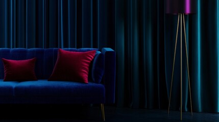 Dark Blue Velvet Sofa with Purple Lamp in a Modern Living Room