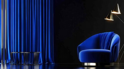 Dramatic Deep Blue Velvet Armchair in a Modern Interior Design.  Stylish Contemporary Living Room Decor with Luxurious Home Furnishings.