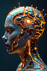 Close-up of the brain of an AI robot made of golden circuits - Generative AI
