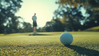 Golf ball on the green with a player in the background, blurred background, sunlight and shadows, banner format, copy space on the right side of the frame, depth of field effect, cinematic effect