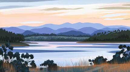 Fototapeta premium Serene Mountain Lake Sunrise Landscape Painting: A Majestic View of Nature's Beauty