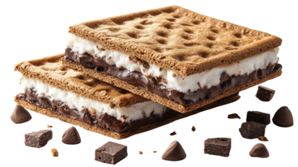 Delectable S'mores Delight: Two perfectly assembled s'mores, a classic campfire treat, showcasing layers of melted chocolate, fluffy marshmallow, and crunchy graham crackers.