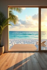 Fototapeta premium Tranquil beach view from a sunlit room with wooden floors and a deck leading to the sand