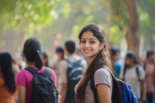 Young indian female student walking confidently on college campus, student life and education in a vibrant academic setting