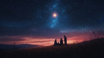 Silhouette of family beneath the starry night with a bright star, embodying hope and divine guidance. Ideal for holiday themes, religious content, and family values.