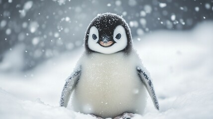 Adorable Baby Penguin Sitting in Snow with Falling Snowflakes.