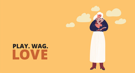 Cartoon vector illustration of a woman hugging a dog, sharing a heartfelt moment of love and affection