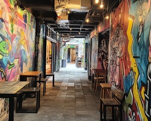 Naklejka premium Graffiti alleyway cafe seating city street art