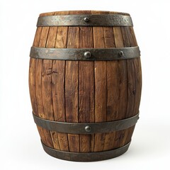 Obraz premium Rustic wooden barrel with metal bands, suggesting vintage craftsmanship and tradition. Ideal for themes of breweries, wineries, and historical settings.
