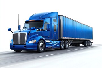 Blue semi-truck with trailer driving on highway.
