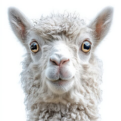 Obraz premium curious alpaca with fluffy white coat and expressive eyes on solid white background