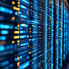 A next-generation data center with radiant server racks and vivid light displays, representing advanced technological progress