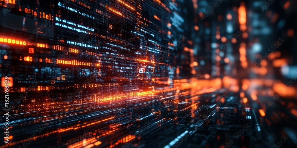 Poster digital landscape filled with glowing data streams in a futuristic environment