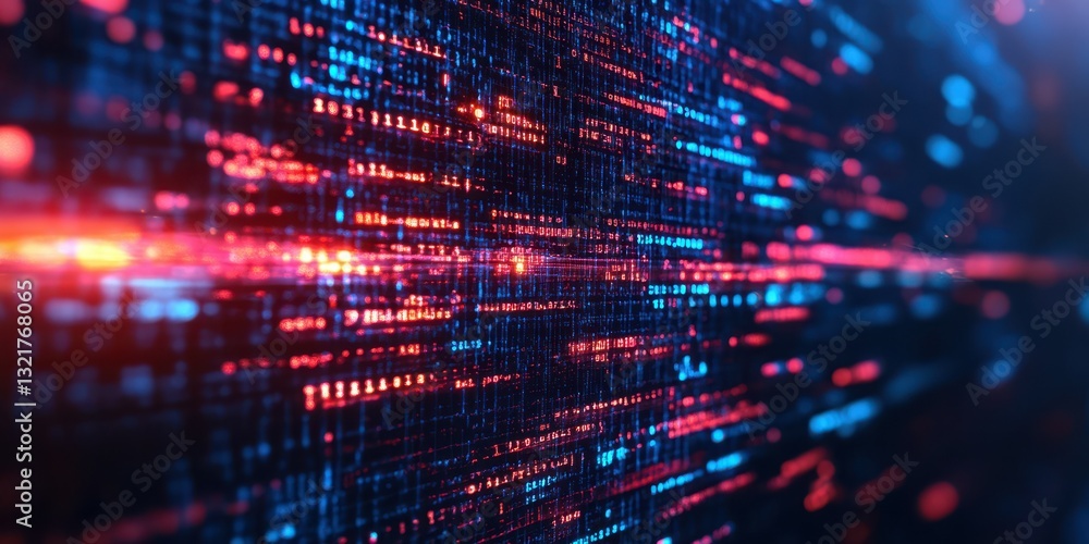 Fototapete Digital data streams visualized in vibrant red and blue while traveling through a futuristic grid at night