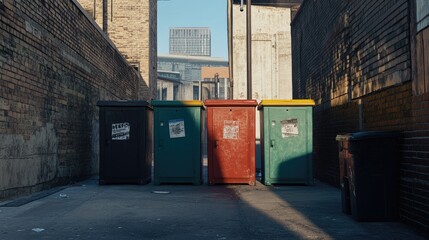 Colorful Recycling Bins in Urban Alleyway Under Clear Blue Sky