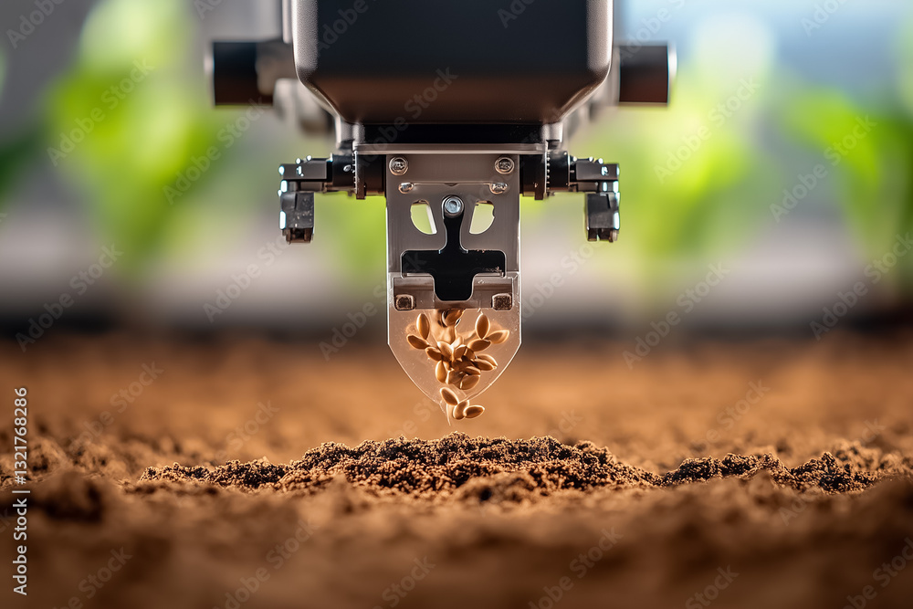 Poster a robotic planter precisely sows bioengineered seeds into expertly prepared soil, creating a perfect
