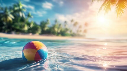 Colorful beach ball in shallow water, tropical island sunset background. Potential use Stock photo for summer, vacation, travel, or relaxation themes