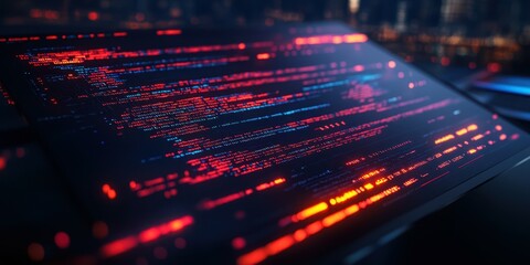 Colorful digital code display on a futuristic screen at night in a cityscape setting, showcasing technology and computer programming