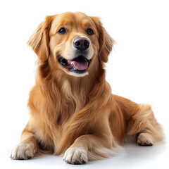 golden retriever dog lies on solid white background, looking content and relaxed. dog fur is shiny and well groomed, and its expression is friendly and calm