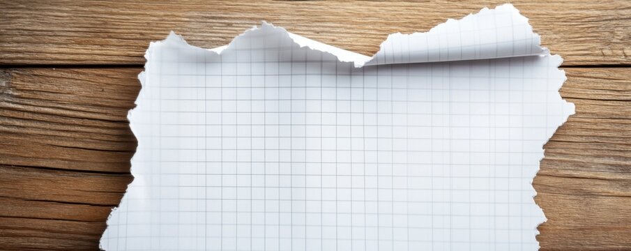 Torn Grid Paper on Rustic Wooden Background: A Textured Image Perfect for Note-Taking, Design, and Crafting Projects