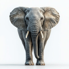 realistic full body image of elephant standing on solid white background, showcasing its large ears and tusks. elephant textured skin and majestic presence are highlighted