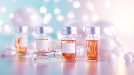 Assorted glass vials filled with colorful liquid, symbolizing health and wellness, perfect for pharmaceutical or medical themes. The vaccine is in bottles