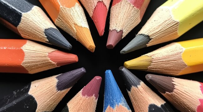 Colorful pencils arranged in a circle on black background.